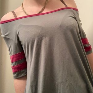 Grey with pink stripe and hem top
